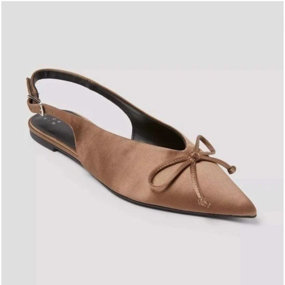 A New Day Camille Satin Slingback Bow Flats w/ Buckle in Taupe Brown Size 8 NWT